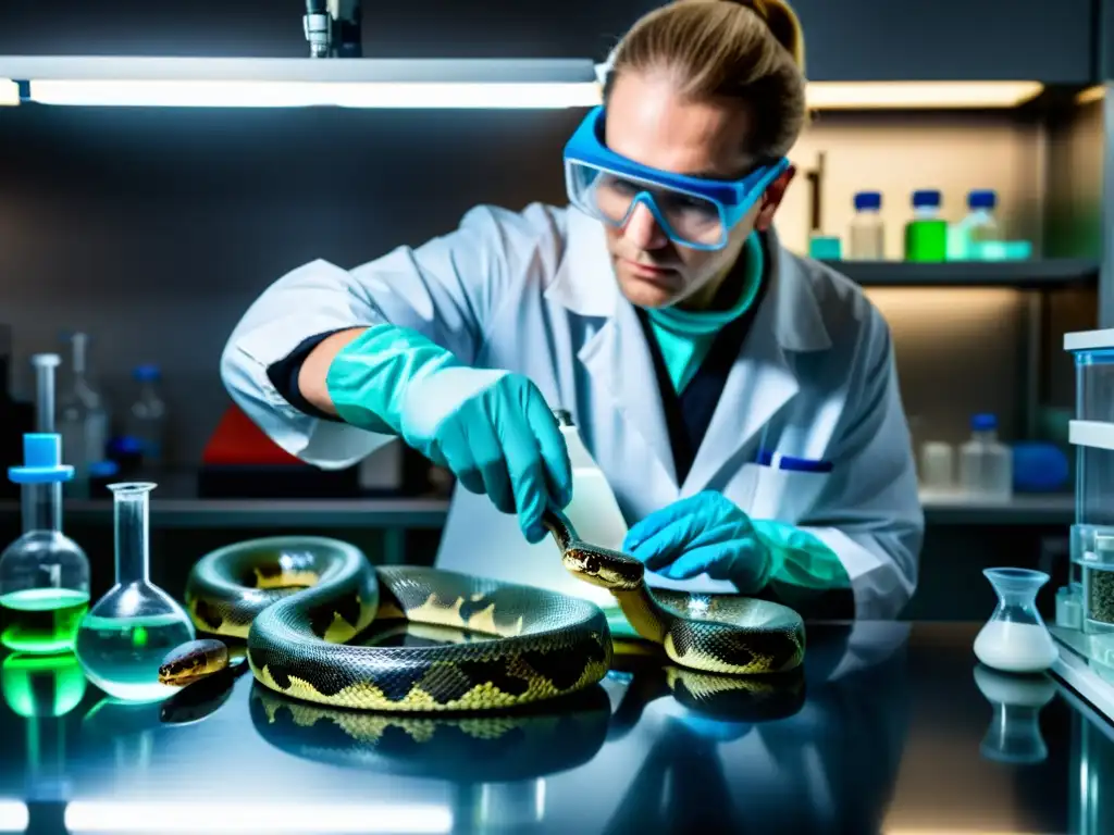 Un científico en el laboratorio extrae veneno de una serpiente, creando antivenenos para tratar mordeduras de reptiles venenosos