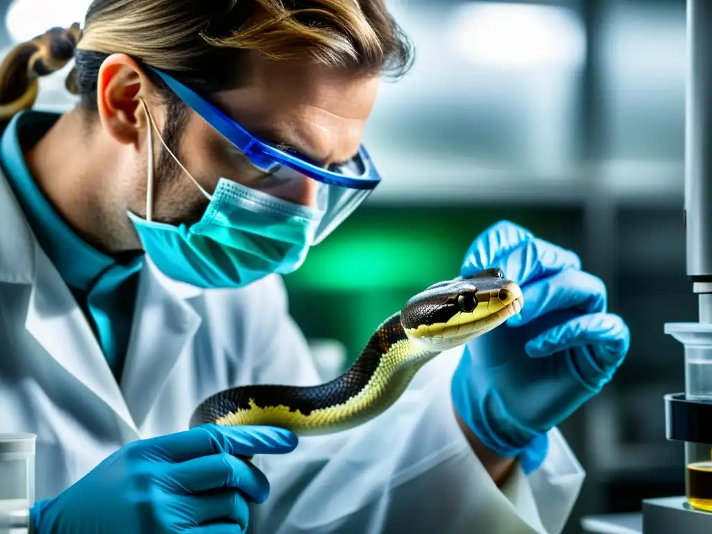 Un científico en un laboratorio extrayendo veneno de una serpiente con precisión para desarrollar un Tratamiento avanzado de mordeduras de reptiles