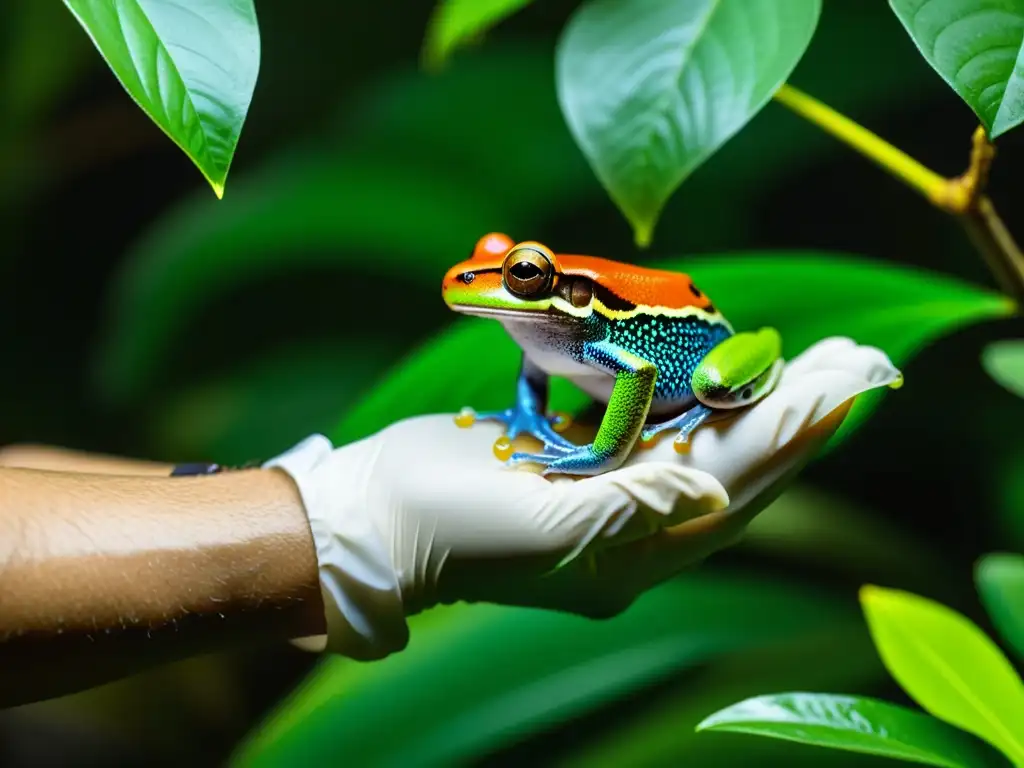 Un científico recolecta muestras de piel de una rana arbórea multicolor en la selva tropical, destacando la prevención de enfermedades en anfibios