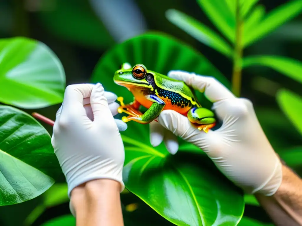 Un científico recoge muestras de piel de una rana tropical en la selva, para la prevención de enfermedades en anfibios