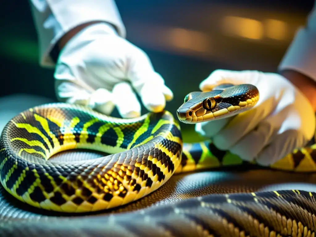 Un científico examina detenidamente la piel de una serpiente bajo una intensa luz, destacando la belleza natural de las escamas