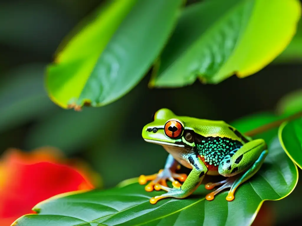 Un científico estudia en profundidad la textura y los patrones de color de una rana arborícola en un entorno de selva exuberante