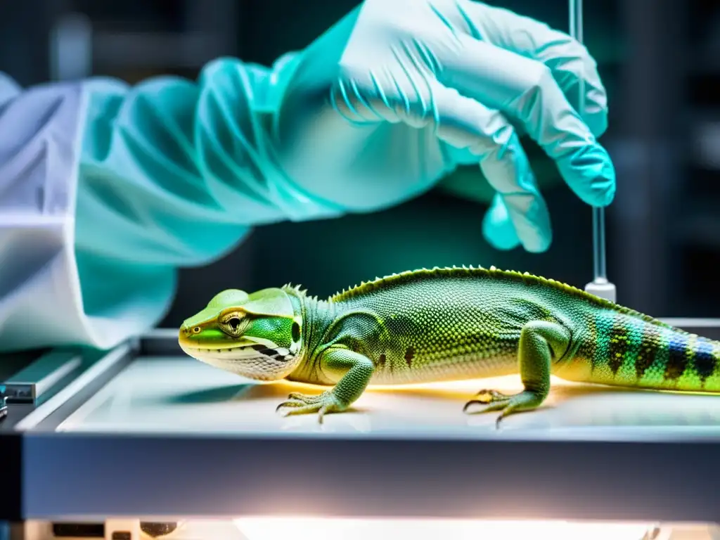 Un científico extrae ADN de un reptil en un laboratorio de clonación de reptiles ética, mostrando tecnología avanzada y precisión