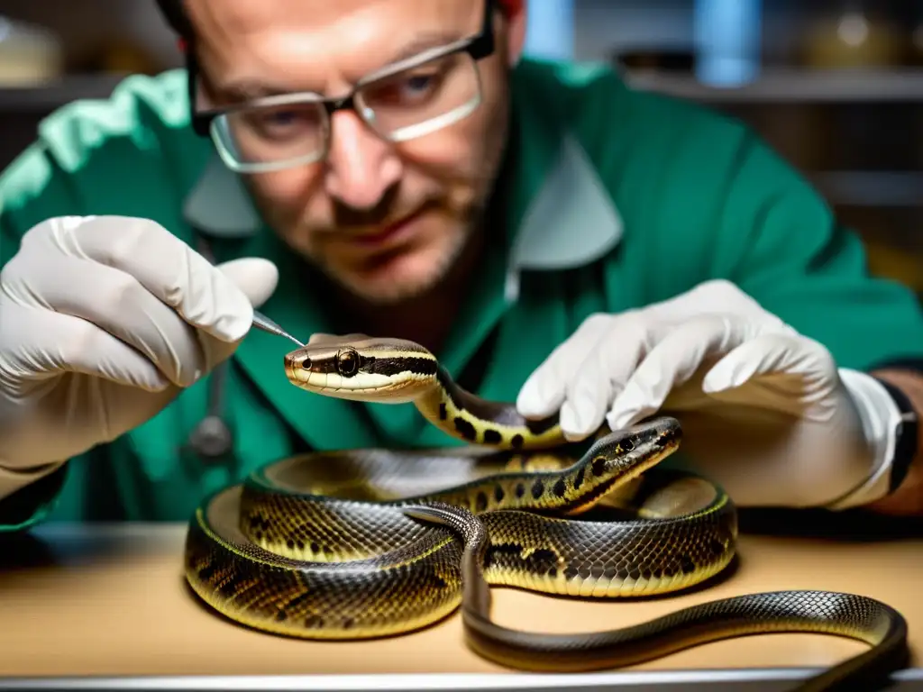 Un científico maneja cuidadosamente una serpiente venenosa con herramientas para estudio de serpientes