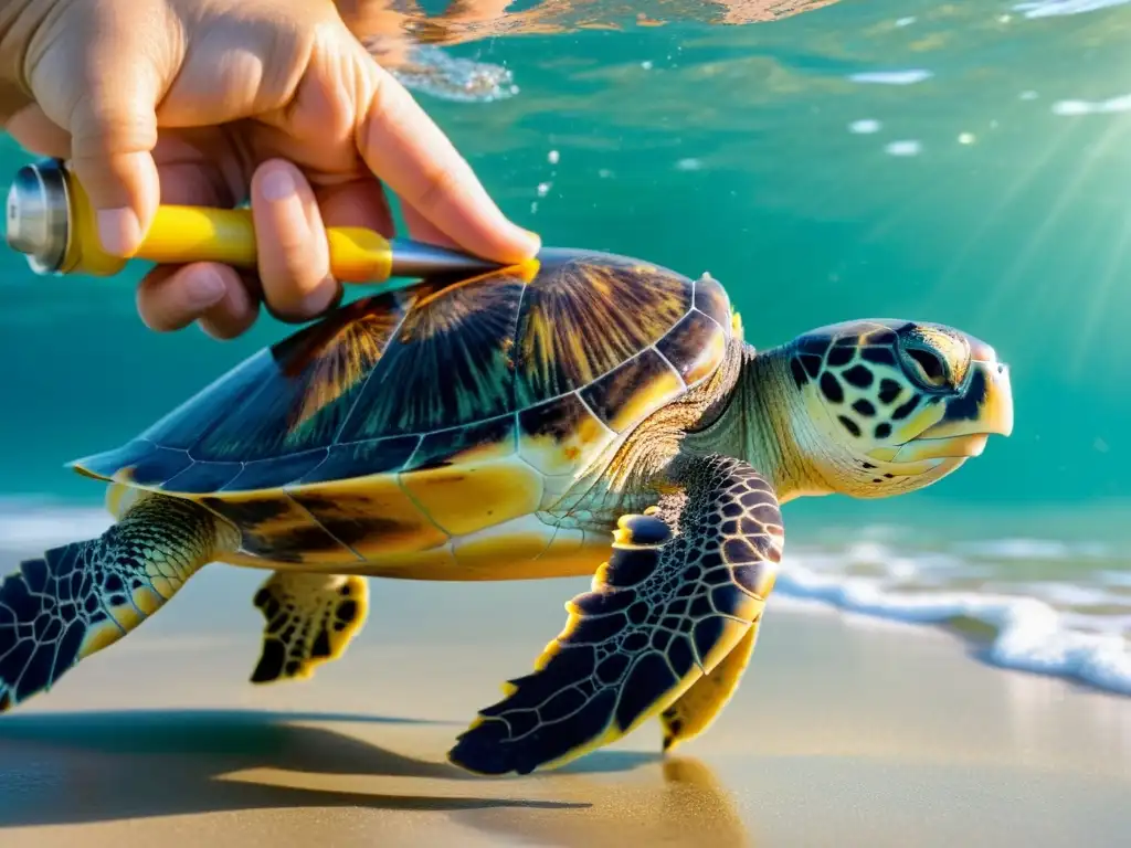 Un científico liberando una tortuga marina rehabilitada al océano, transmitiendo conservación y la importancia de salvar reptiles en peligro