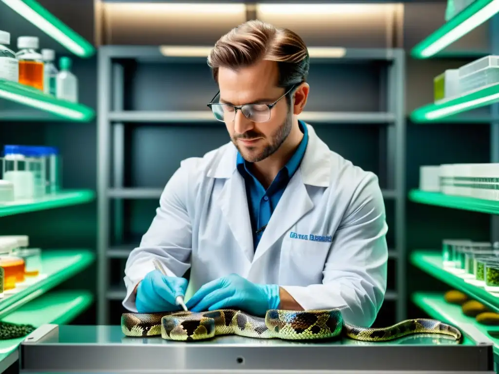 Un científico inyecta una vacuna en las escamas de una serpiente, rodeado de equipamiento de laboratorio