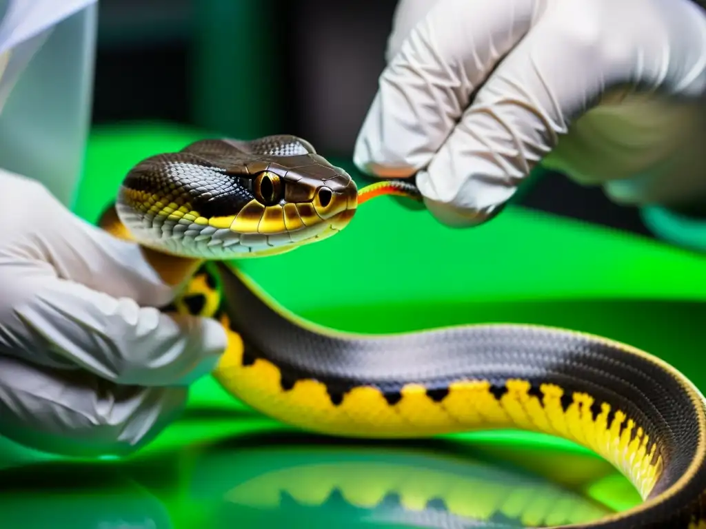 Un científico extrae veneno de una serpiente colorida en un laboratorio