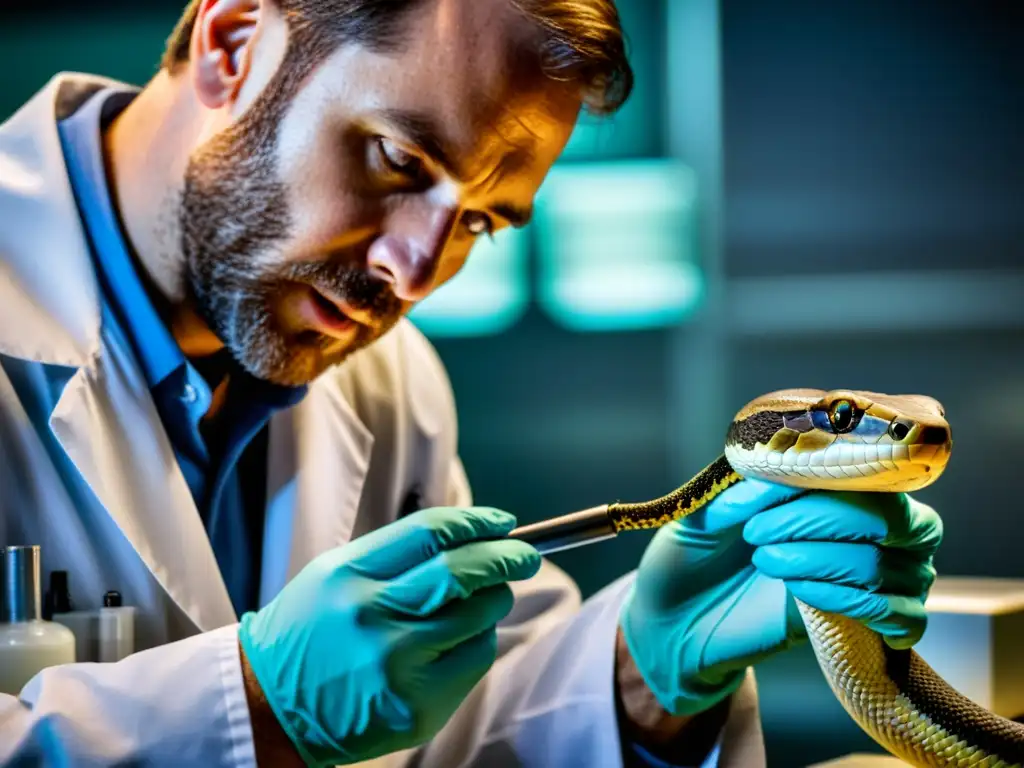 Un científico extrae veneno de una serpiente, destacando la precisión y el enfoque en el tratamiento de mordeduras de reptiles venenosos