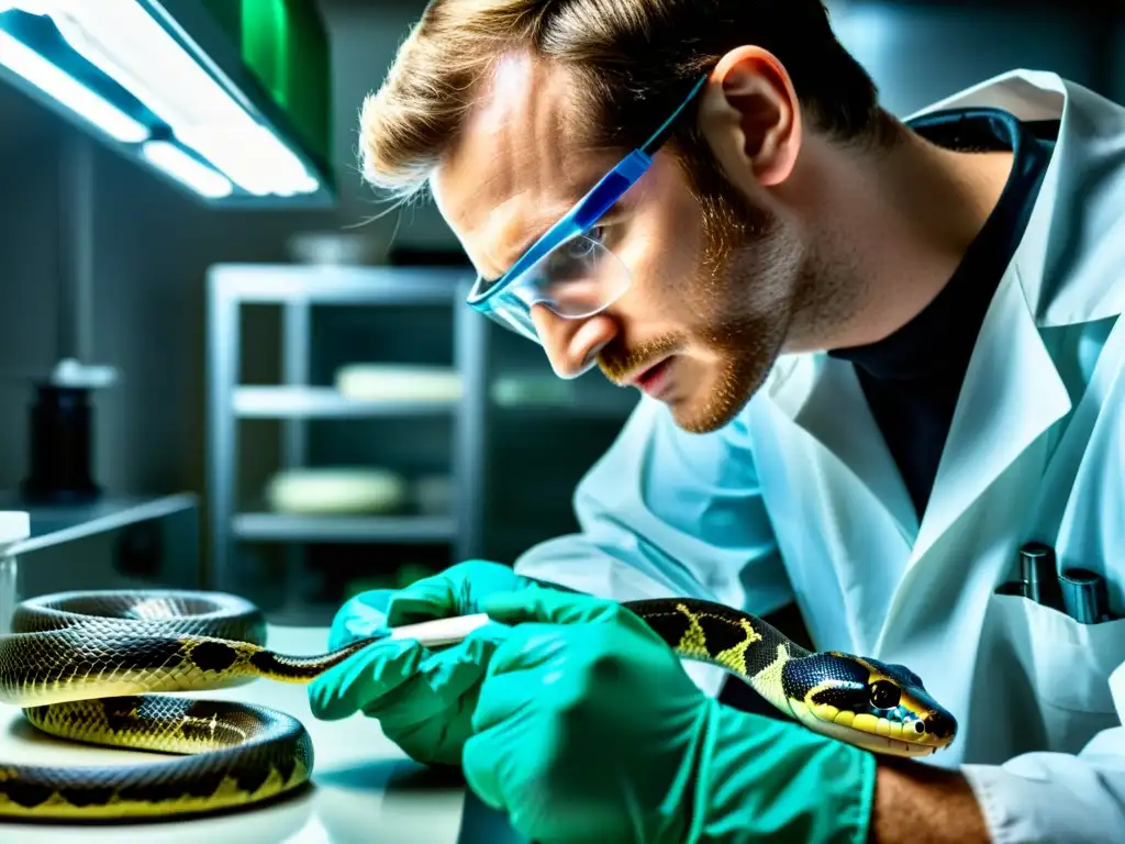 Un científico extrae veneno de serpiente en un laboratorio, destacando la intensa investigación para crear antiveneno