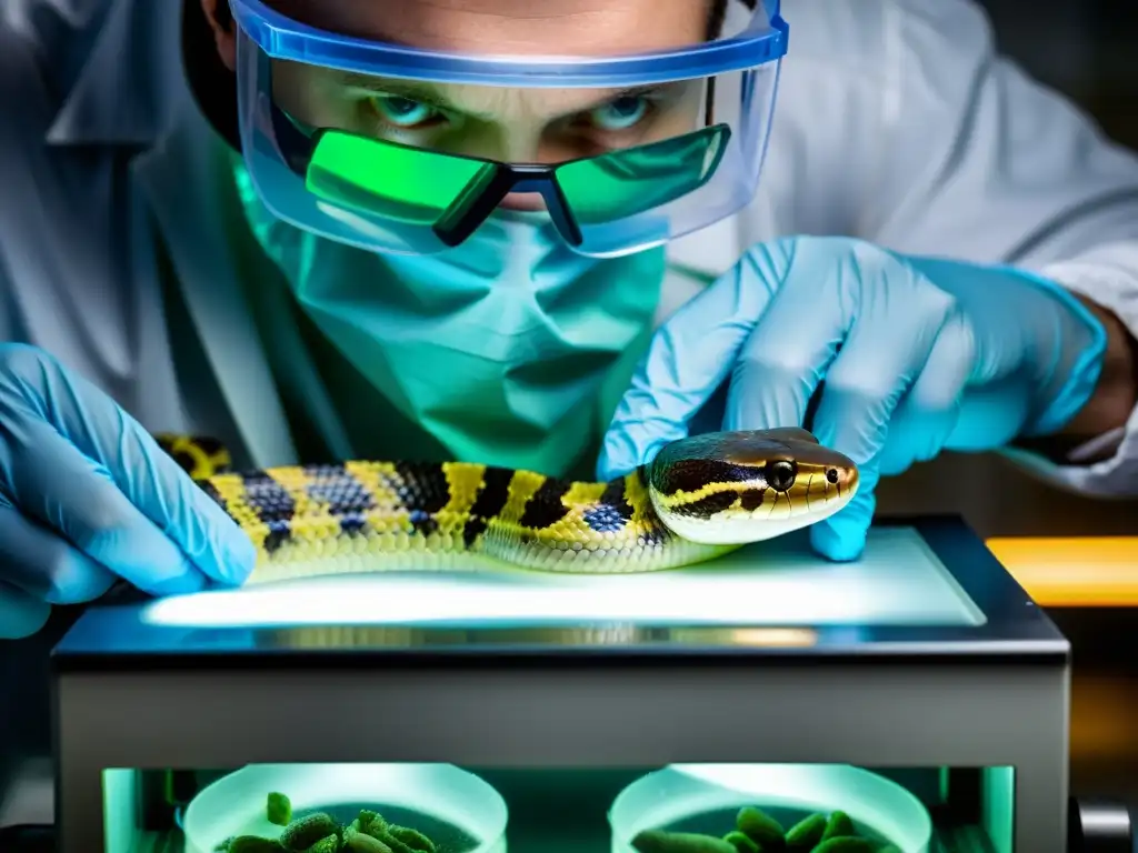 Un científico extrae cuidadosamente veneno de una serpiente en un laboratorio, mostrando el proceso de creación de antiveneno para reptiles