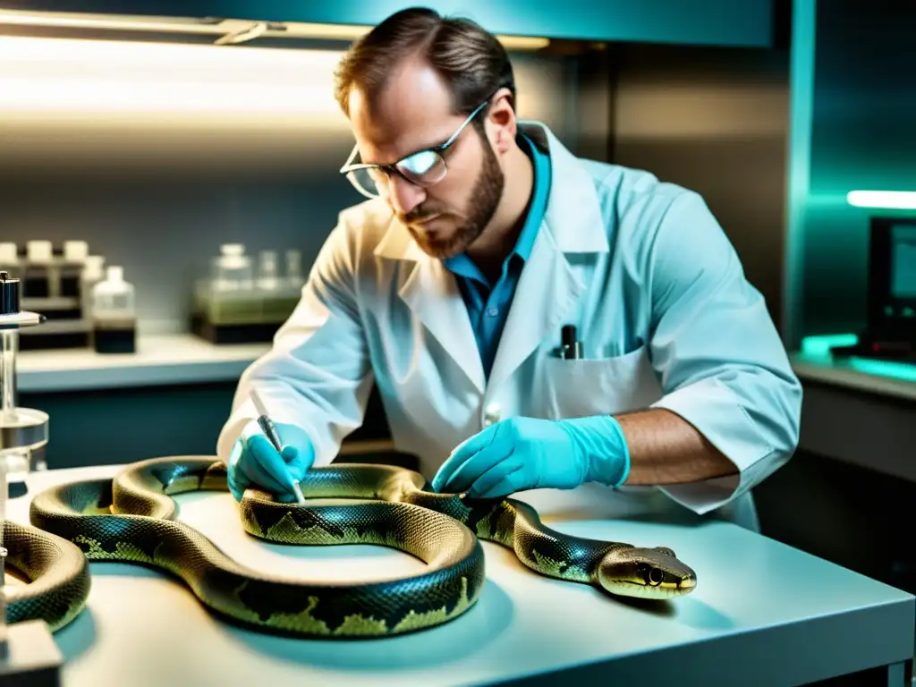 Un científico extrae veneno de una serpiente en un laboratorio, rodeado de tecnología avanzada