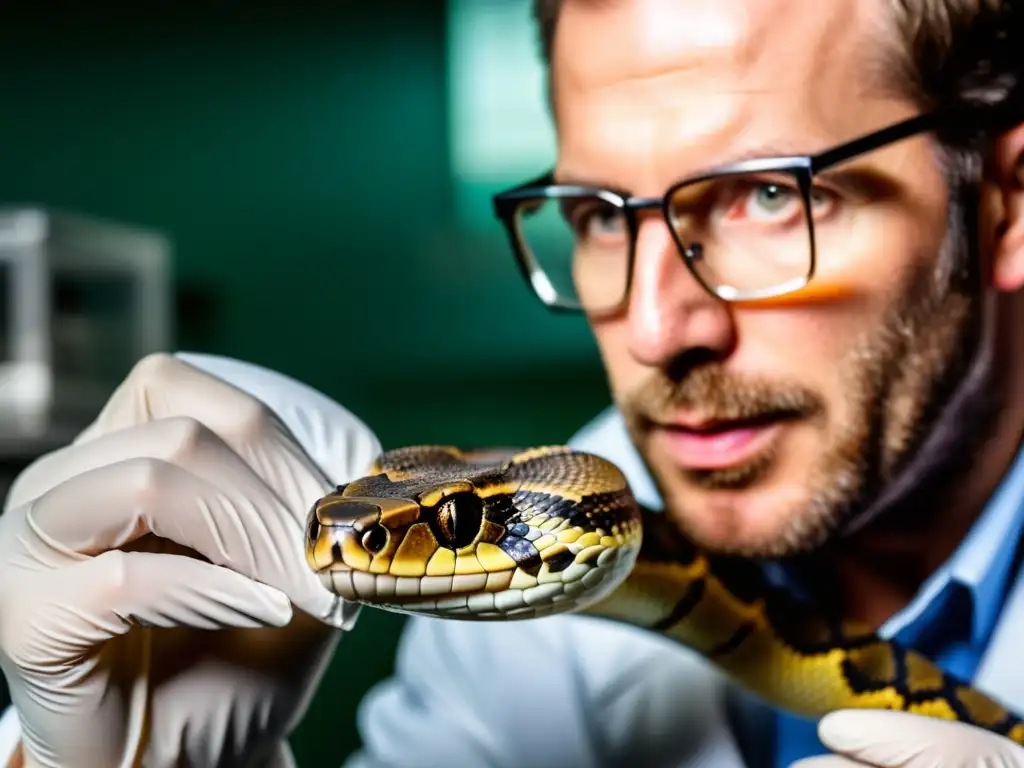 Un científico extrae veneno de una serpiente en un laboratorio, mostrando precisión y concentración en la investigación de antídotos para reptiles