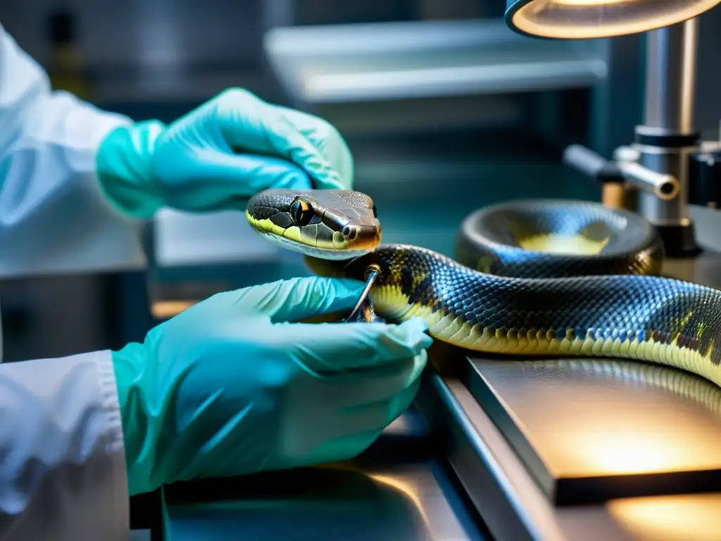 Un científico extrae veneno de una serpiente en un laboratorio para el desarrollo y uso del antiveneno, mostrando precisión y dedicación