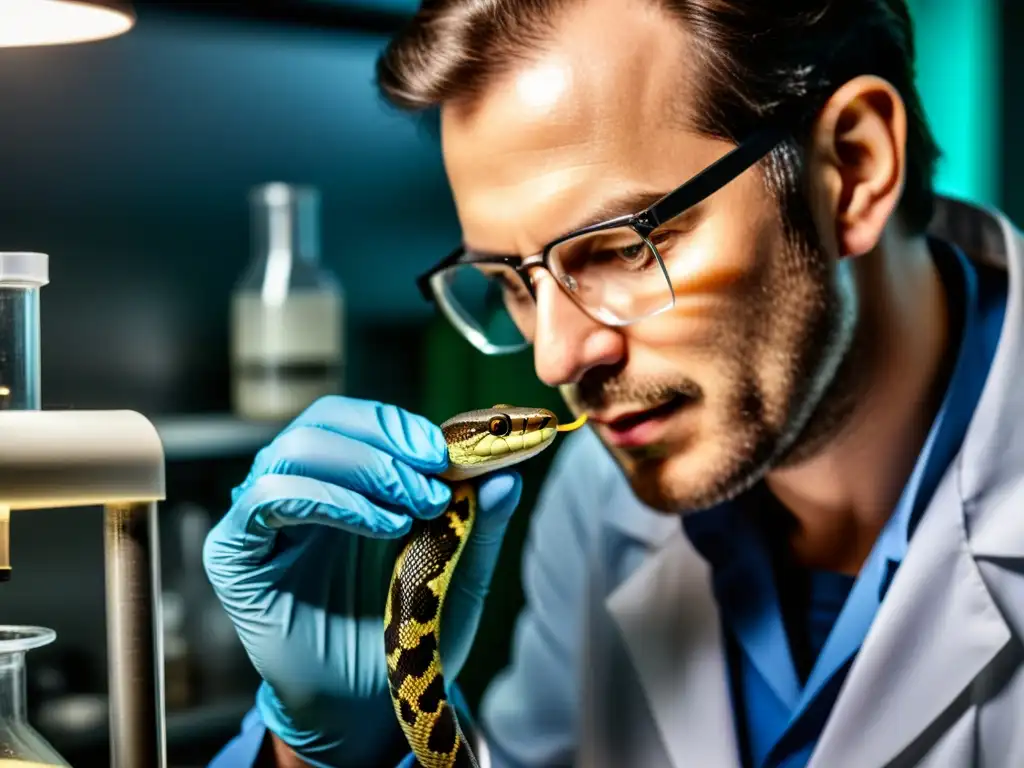 Un científico extrae con precisión veneno de una serpiente, en un laboratorio científico