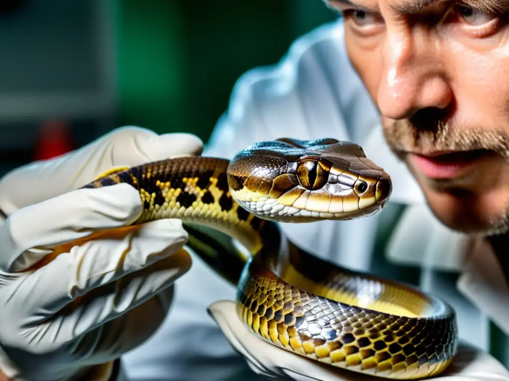 Un científico extrae veneno de una serpiente en un laboratorio bien iluminado