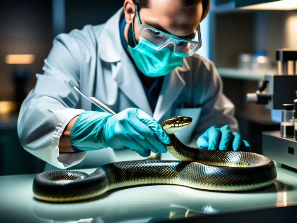 Un científico extrae veneno de una serpiente con precisión en un laboratorio