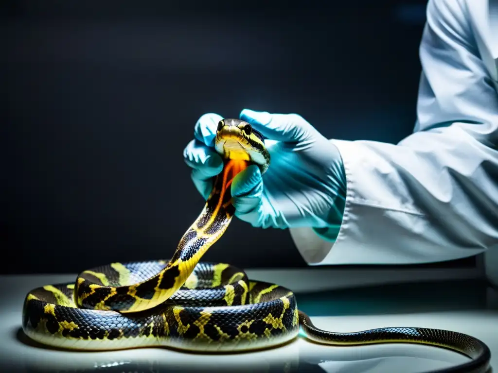 Un científico extrae cuidadosamente veneno de una serpiente, resaltando la precisión y expertise en los usos medicinales del veneno de serpientes