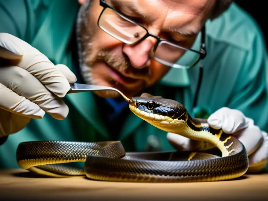 Un científico extrae veneno de una serpiente con precisión para el proceso creación antiveneno reptiles