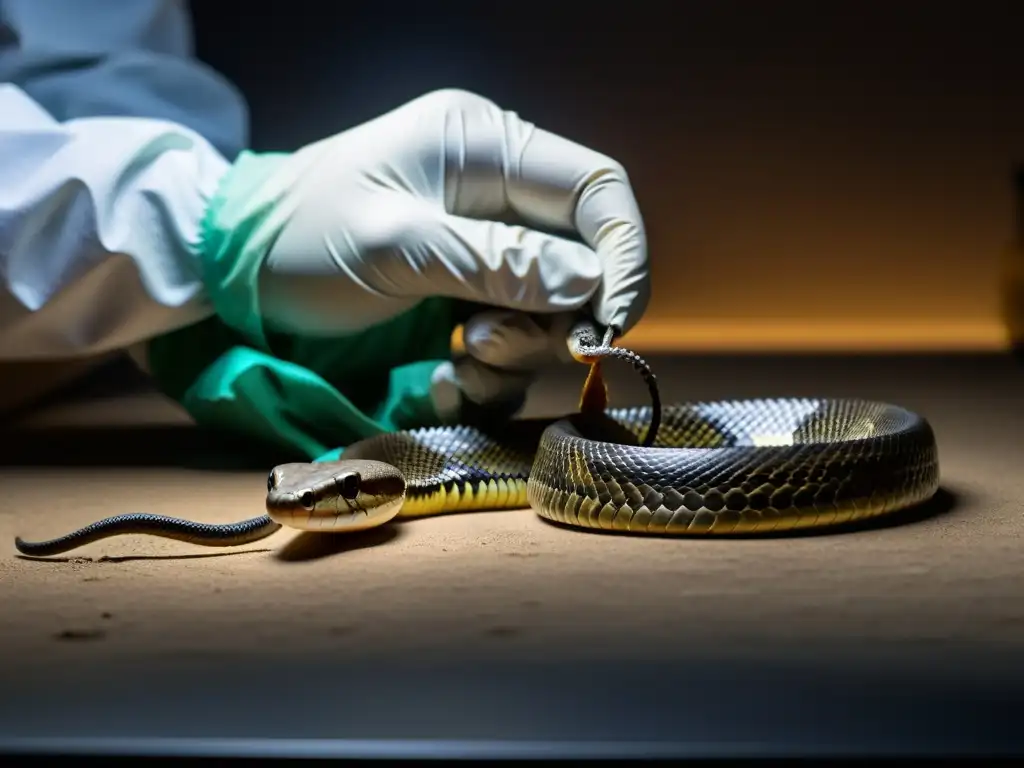 Un científico extrae veneno de una serpiente para el proceso de creación de antiveneno reptiles, con precisión y tensión en el laboratorio