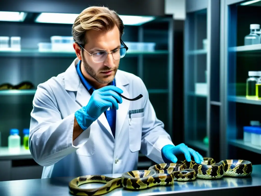 Un científico extrae veneno de una serpiente venenosa en un laboratorio brillante