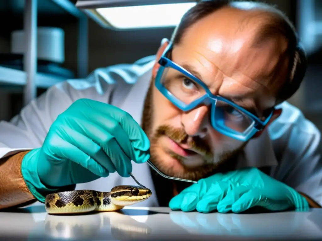 Un científico extrae veneno de una serpiente venenosa en un laboratorio, transmitiendo la conciencia del riesgo de los reptiles venenosos