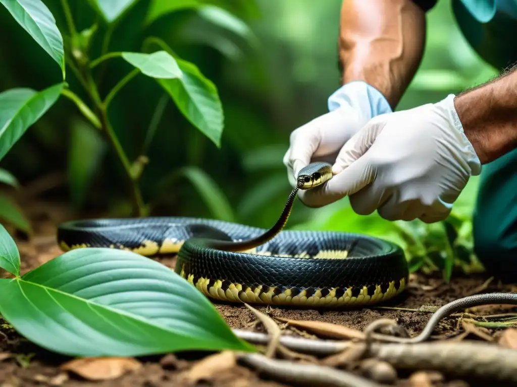 Un científico extrae veneno de una serpiente venenosa en un trabajo de campo con reptiles venenosos, mostrando concentración y precisión