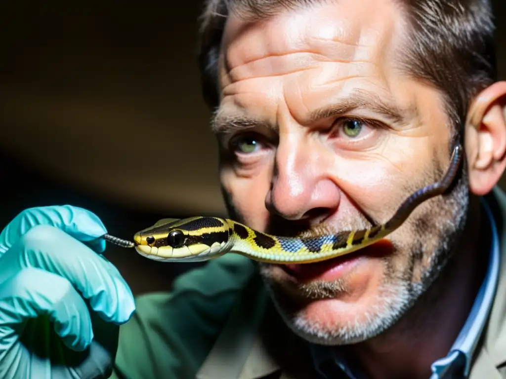 Un científico extrae veneno de una serpiente venenosa, mostrando la intensa labor en investigación de antiveneno para reptiles y anfibios