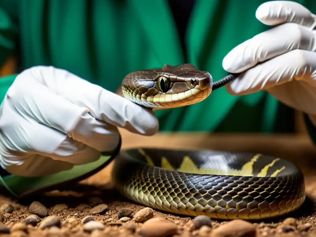 Un científico extrae cuidadosamente veneno de una serpiente venenosa, destacando los usos medicinales del veneno de serpientes