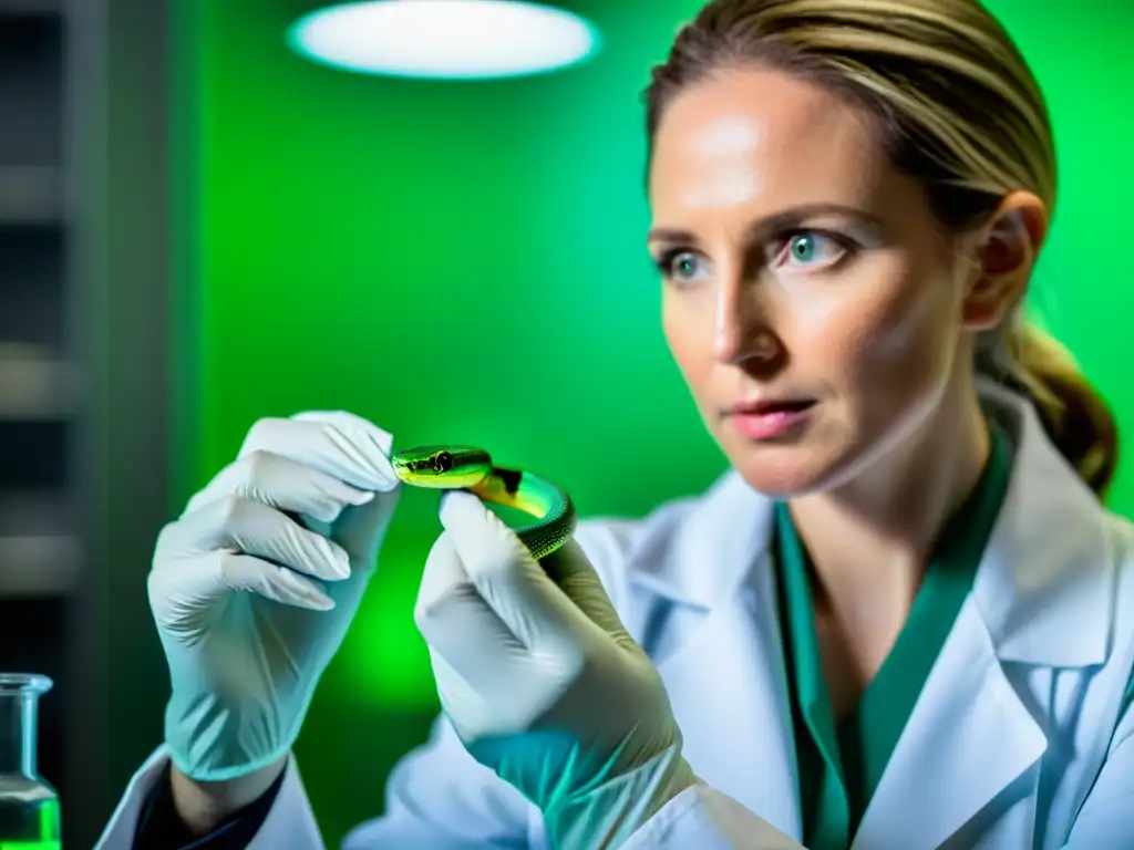 Un científico extrae veneno de una serpiente verde para usos medicinales en un laboratorio bien iluminado