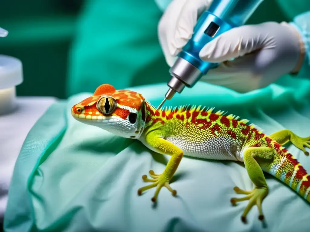 Cirugía mínimamente invasiva en reptiles: Equipo veterinario realiza delicada operación a un gecko bajo anestesia