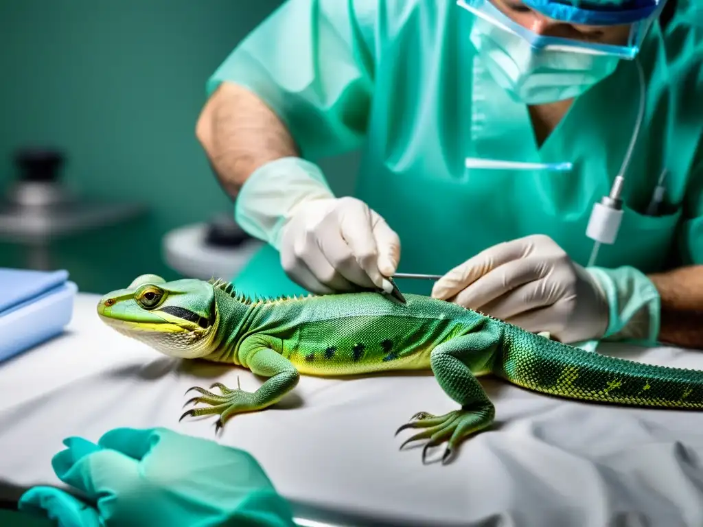 Un cirujano realiza una delicada operación en un reptil, rodeado de herramientas quirúrgicas en una mesa blanca