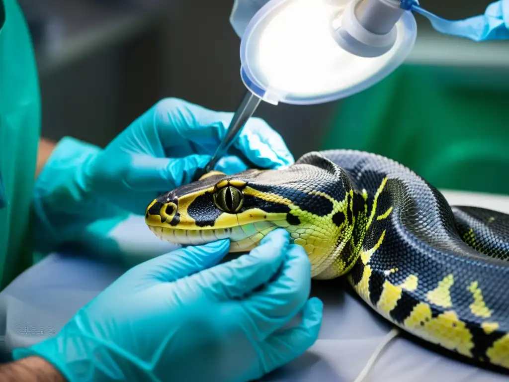 'Un cirujano especializado realiza una cirugía plástica en reptiles en una serena sala de operaciones, mostrando cuidado y precisión'