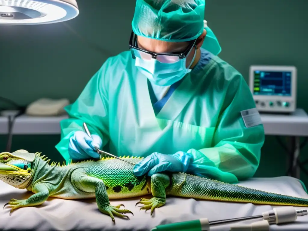 Un cirujano realiza con precisión una delicada cirugía en un reptil, mostrando la complejidad de la ética en cirugía reptiles anfibios