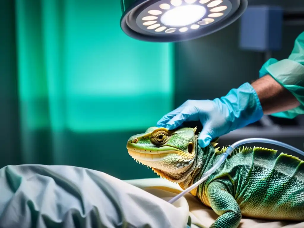 Un cirujano realiza procedimientos quirúrgicos para prolapsos en reptiles, iluminado por luces brillantes en un detallado y delicado escenario