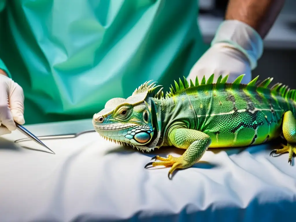 Un cirujano veterinario realiza una cirugía mínimamente invasiva en un iguana, con un equipo observando atentamente en un quirófano de vanguardia