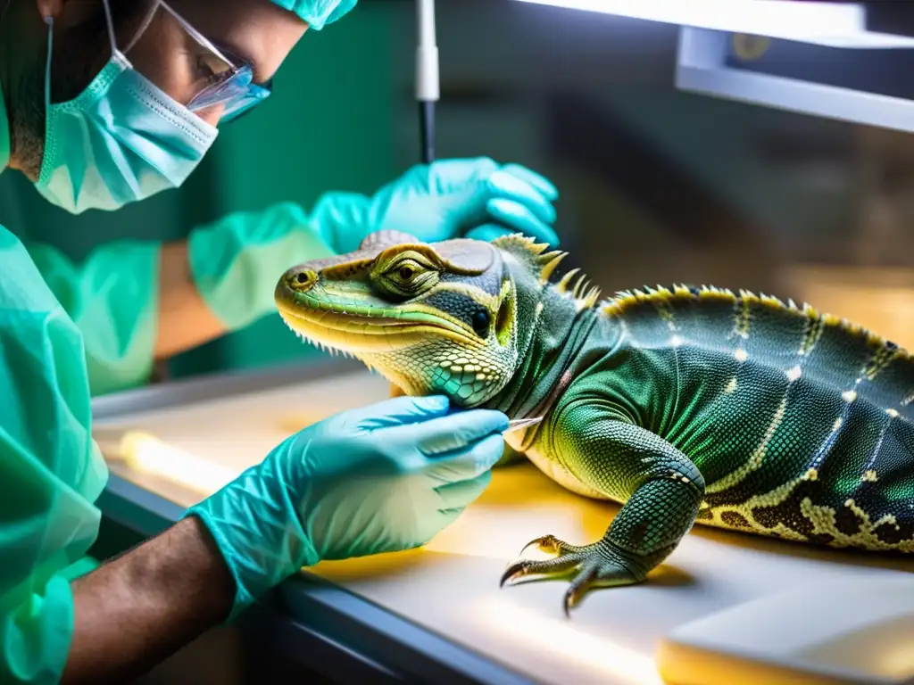 Delicada cirugía de conservación en reptiles en detalle Un cirujano veterinario realiza una delicada cirugía en conservación de reptiles en un centro de conservación