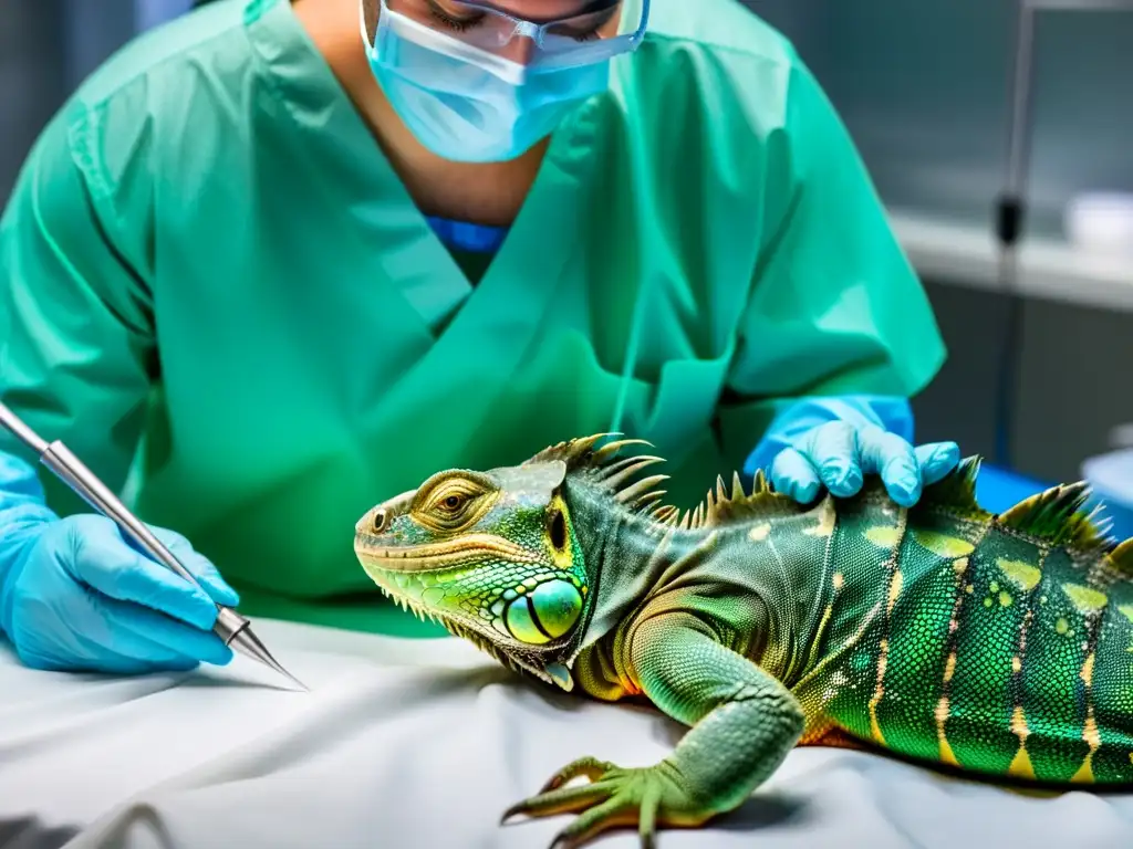 Un cirujano veterinario realiza con precisión la resección de un tumor en un iguana verde, en una sala equipada