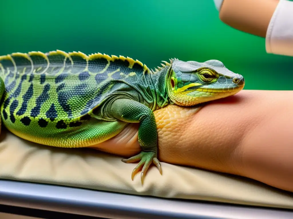 Closeup de extremidad hinchada de reptil en mesa de examen veterinario