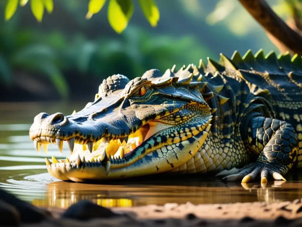 Un cocodrilo majestuoso descansa al sol en la orilla de un río, sus escamas rugosas y mandíbulas poderosas capturan la esencia salvaje