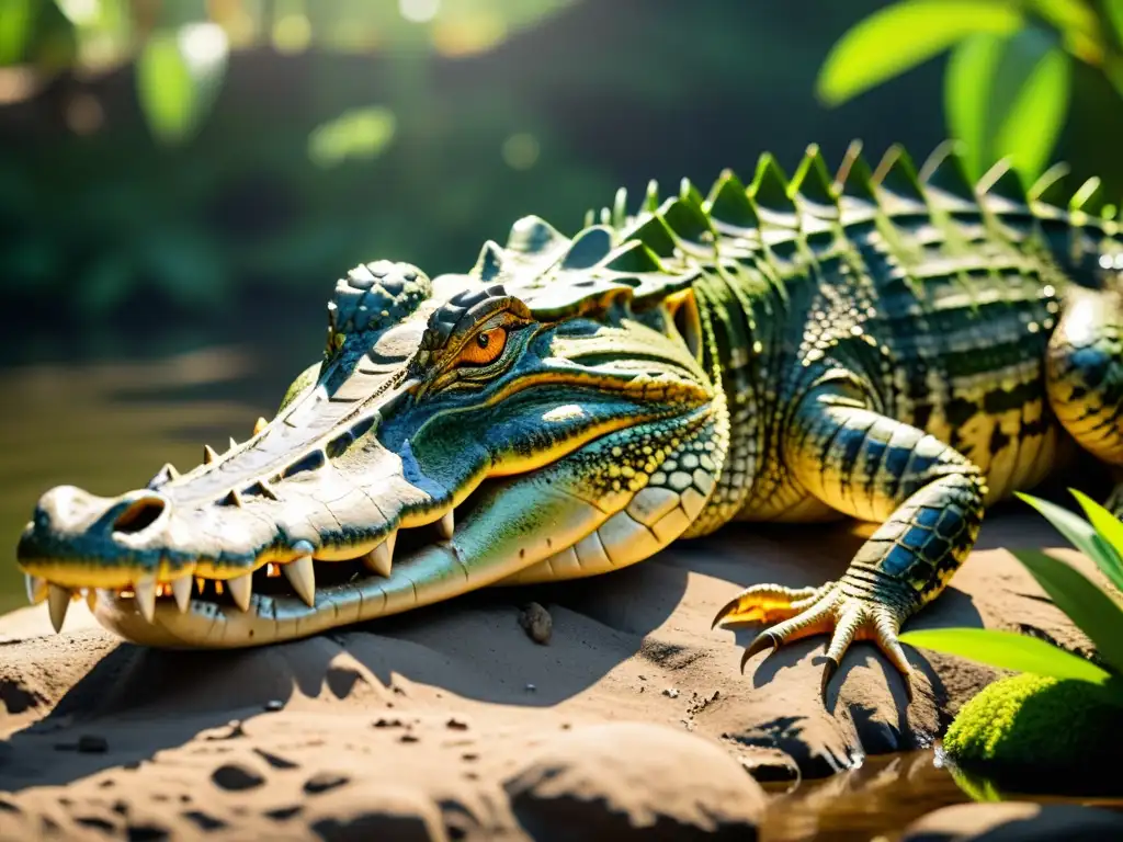 Un cocodrilo descansa en la orilla del río bajo el sol, mostrando su anatomía y mirada amenazante, rodeado de exuberante vegetación