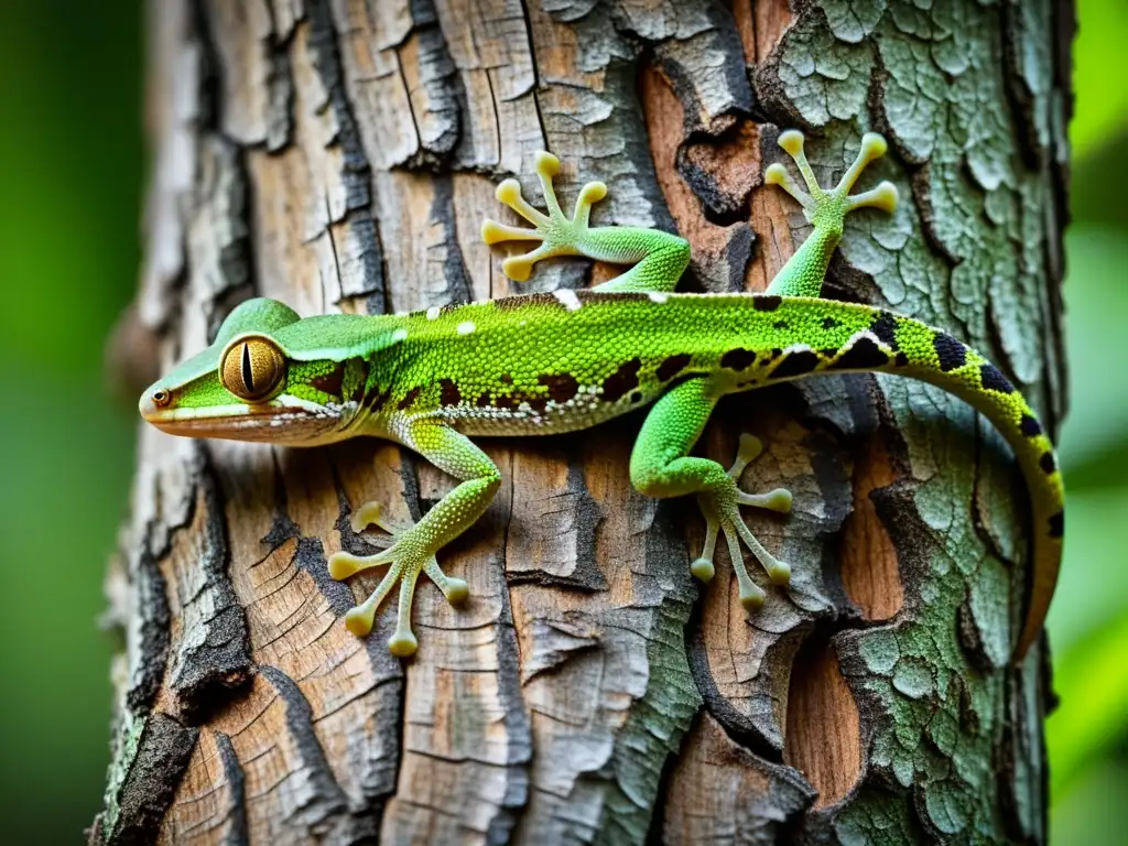 Gecko de cola de hoja camuflado en árbol, estrategias de supervivencia reptiles camuflaje hábitat capturadas en impresionante detalle