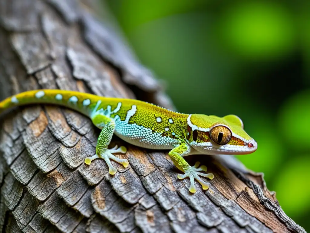 Un gecko de cola de hoja camuflado en la corteza de un árbol