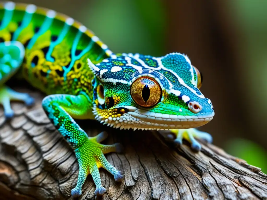 Un gecko de cola de hoja camuflado en un tronco de árbol