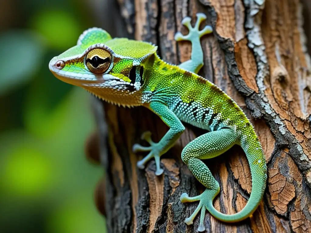 Un gecko de cola de hoja se mimetiza perfectamente con la corteza de un árbol