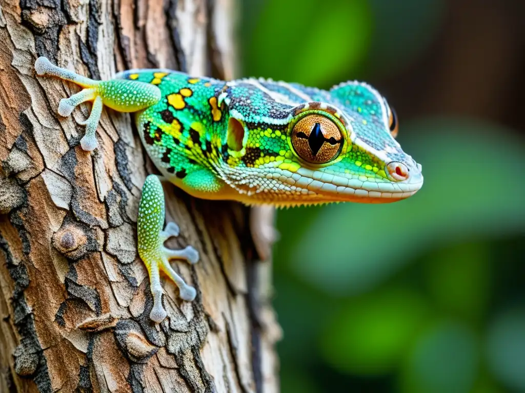 Un gecko de cola de hoja moteada se funde en un árbol, mostrando su increíble adaptación camuflaje