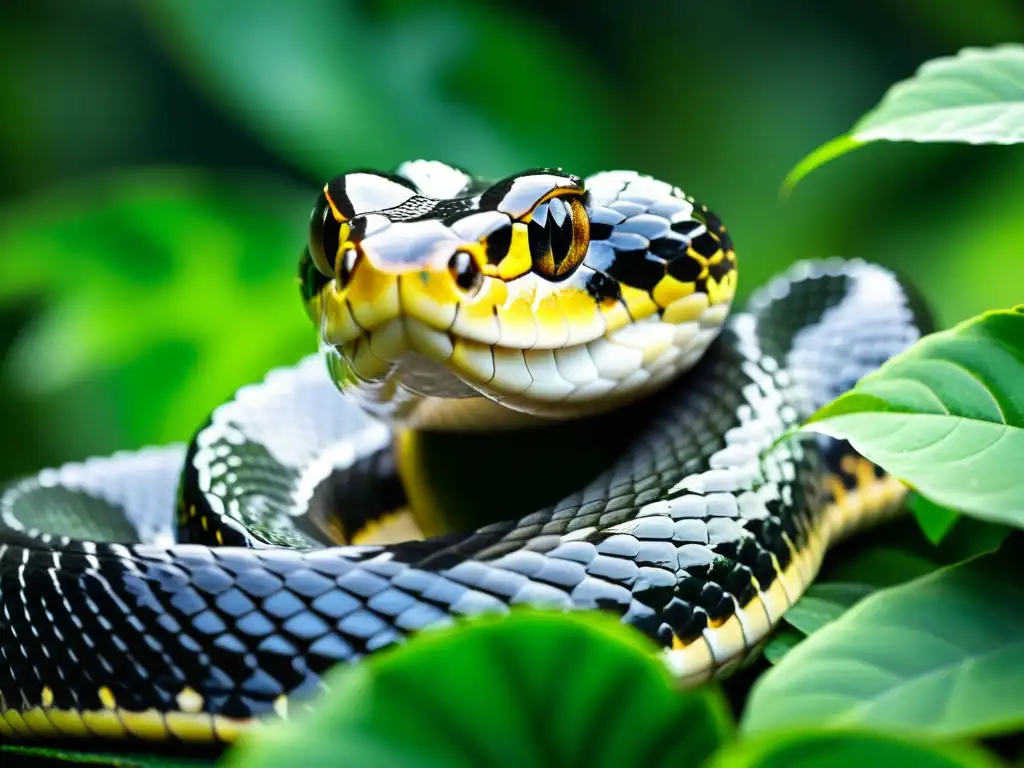 Colmillos de serpiente con veneno brillante en la selva exuberante