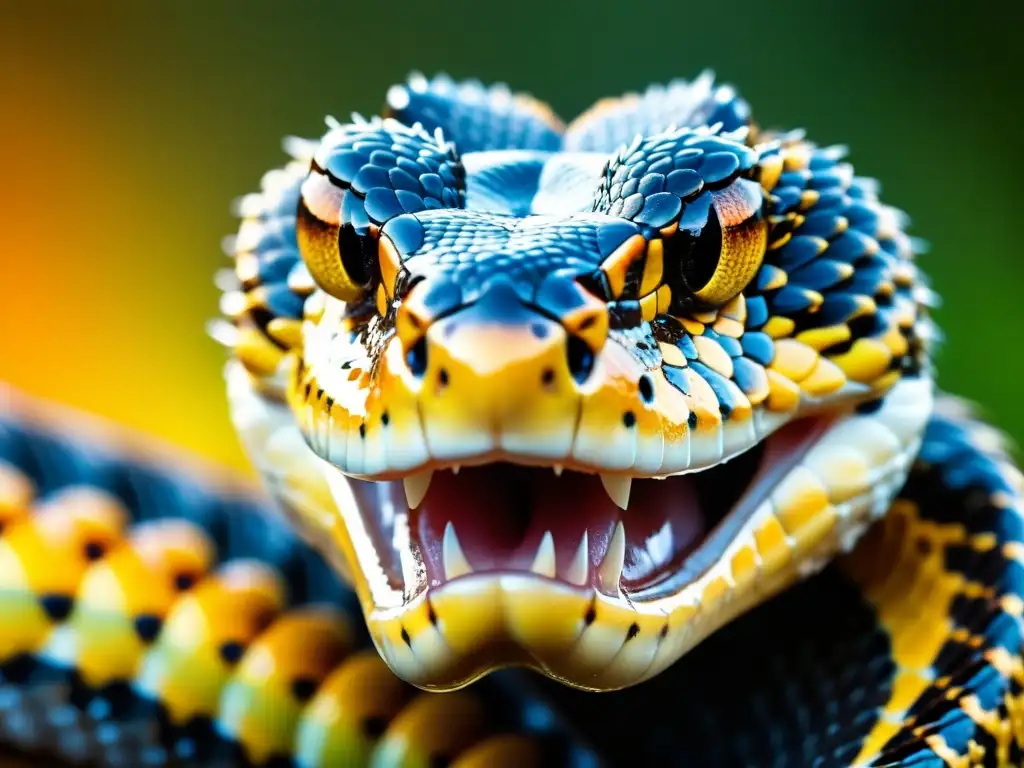 Fotografía de cerca de los colmillos de una serpiente venenosa, con gotas de veneno brillando en las puntas