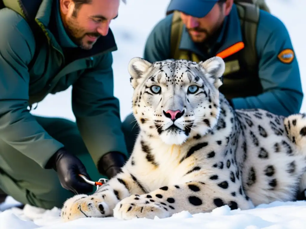 Colocación de collar GPS de alta tecnología en leopardo de las nieves, con conservacionistas observando