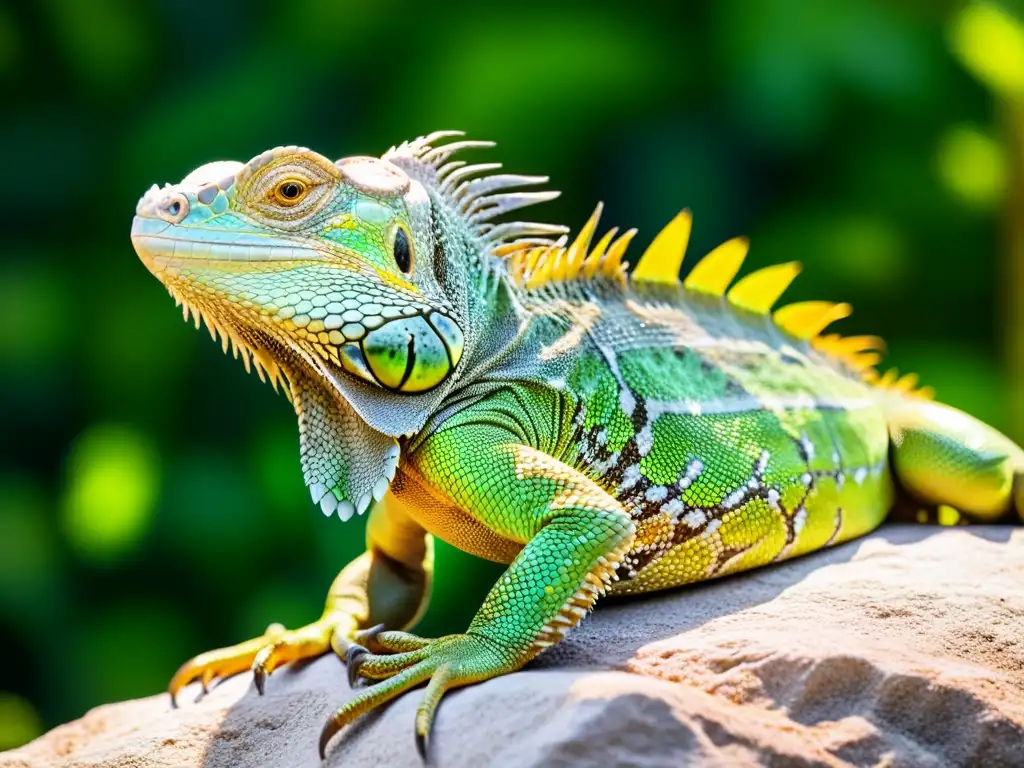 Una colorida iguana descansa en una roca bajo el sol, con escamas y patrones detallados