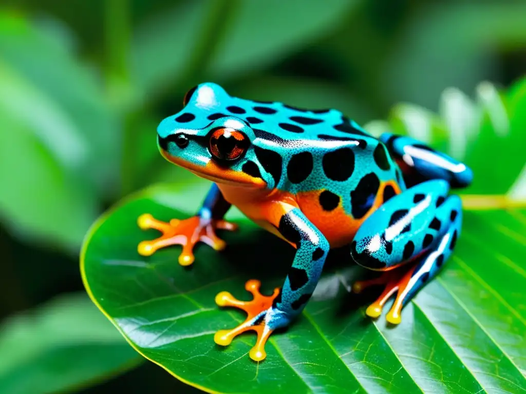 Colorida rana venenosa en la selva tropical, destacando la biodiversidad